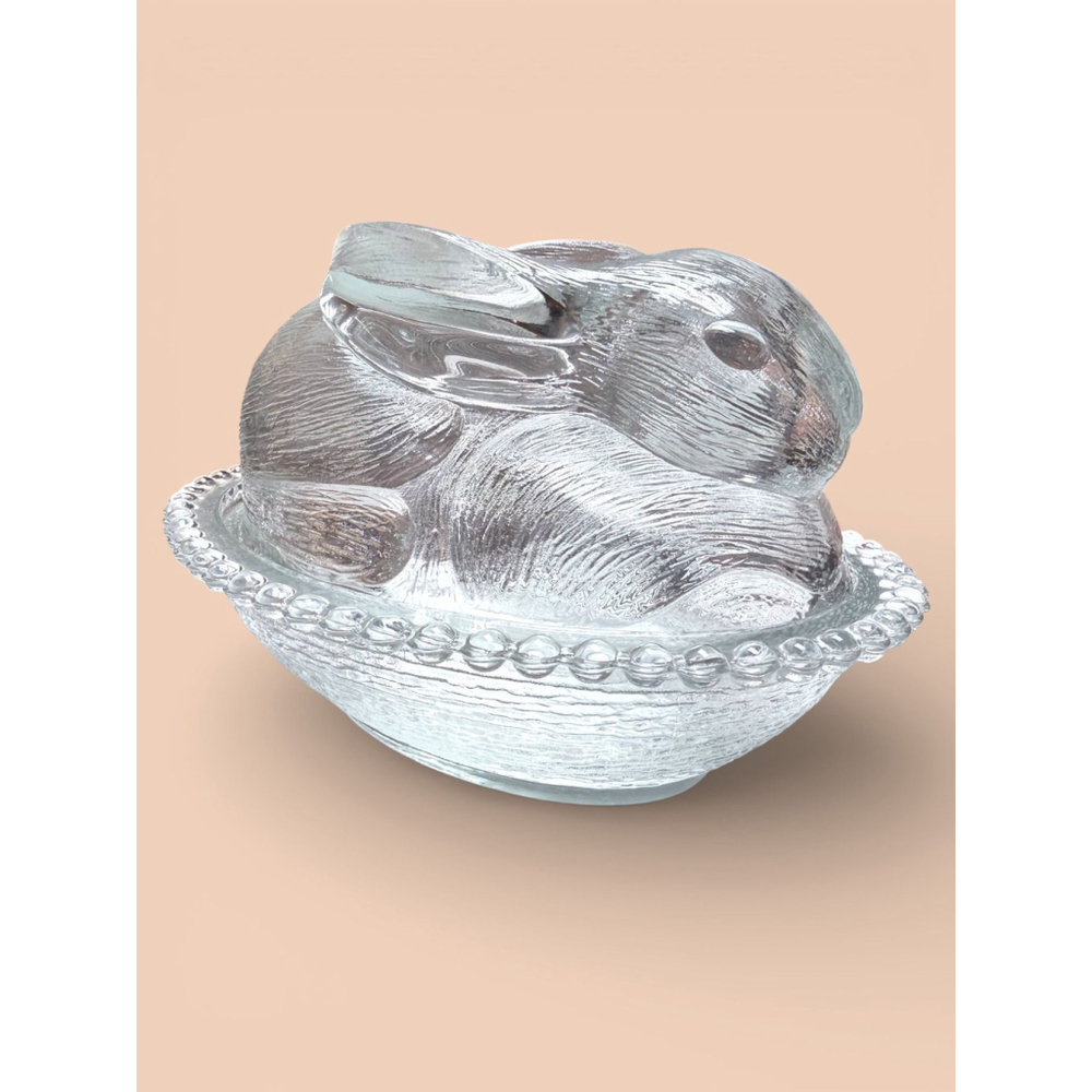 Vintage Indiana Glass 7" Clear Glass Bunny Covered Dish Rabbit Candy Bowl